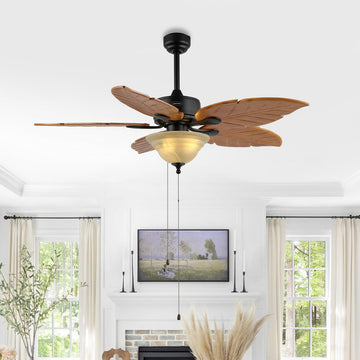 Poinciana 52" Coastal Bohemian Iron/Wood Palm Leaf LED Ceiling Fan with Pull Chain - JONATHAN Y